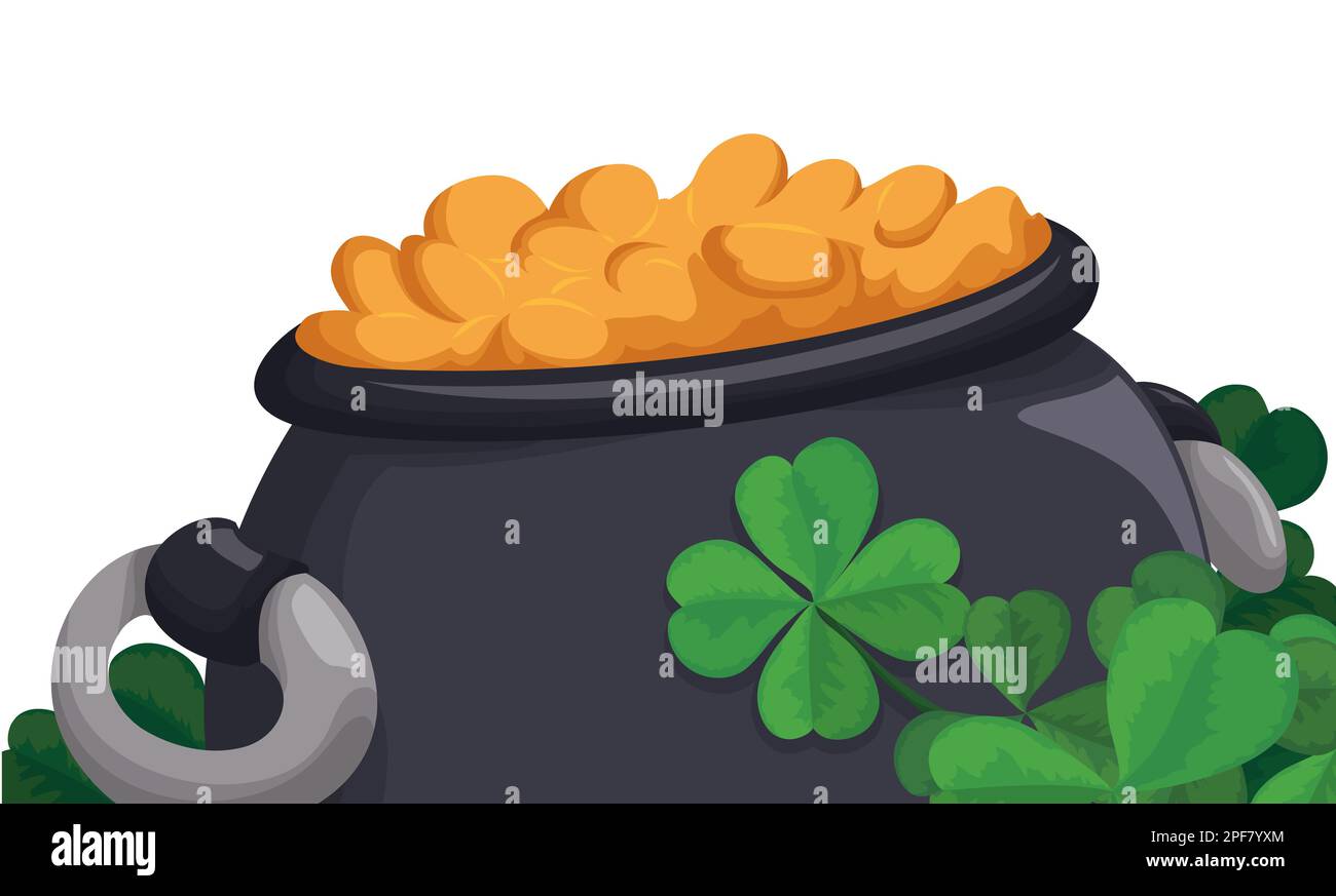 View of a black cauldron with a pile of gold coins and four-leaf ...