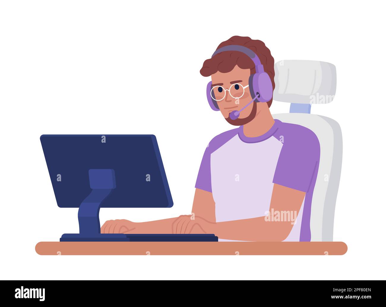 Male gamer with headphones at computer semi flat color vector character Stock Vector