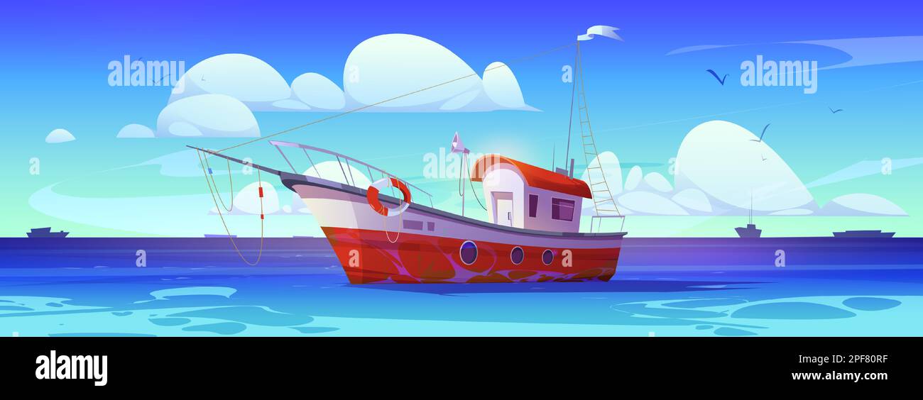 Fish trawler boat in sea vector marine background. Commercial fishery ship with lifebuoy in ocean water cartoon vector illustration. Empty nautical adventure game for catching food equipment in river. Stock Vector