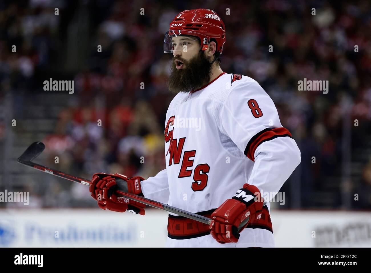 Carolina Hurricanes defenseman Brent Burns 8 looks on against