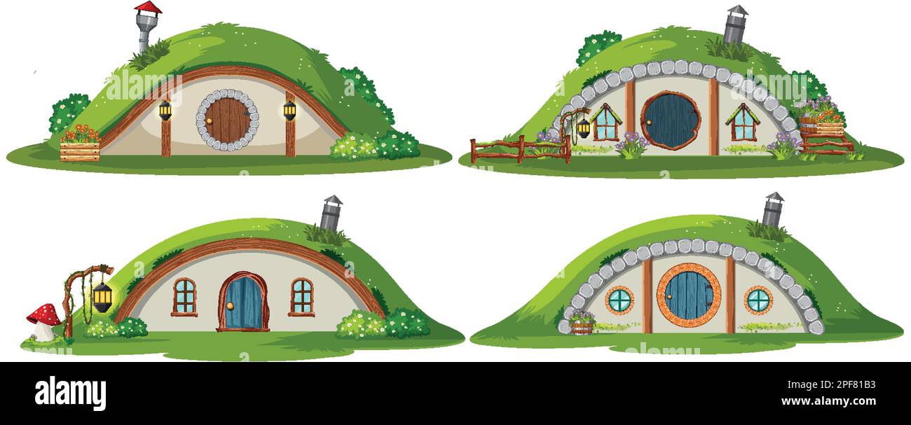 Set of hobbit house illustration Stock Vector