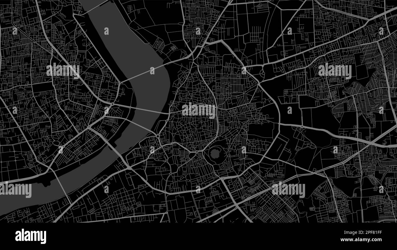 Dark black Surat city area vector background map, roads and water illustration. Widescreen proportion, digital flat design roadmap. Stock Vector