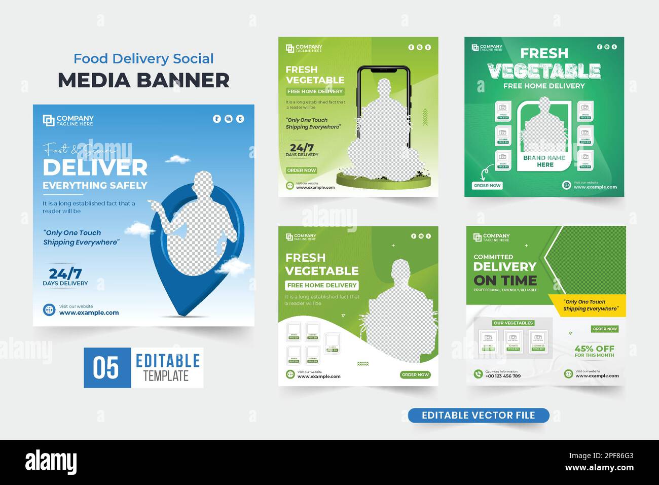 Food delivery service social media post set vector with green and blue