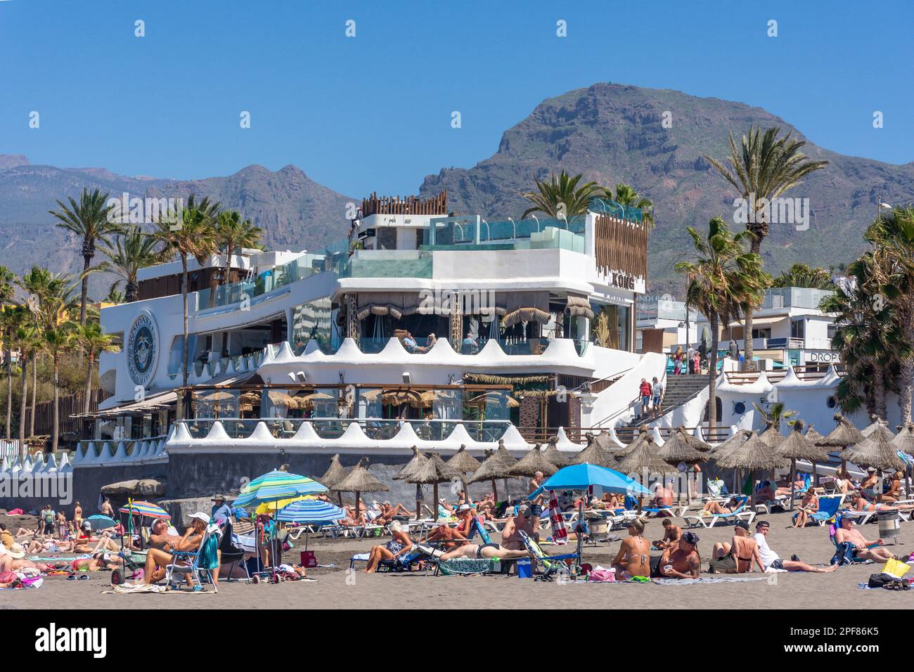 Monkey Beach Club from Playa de Troya public beach, Playa de las Américas, Tenerife, Canary Islands, Kingdom of Spain Stock Photo