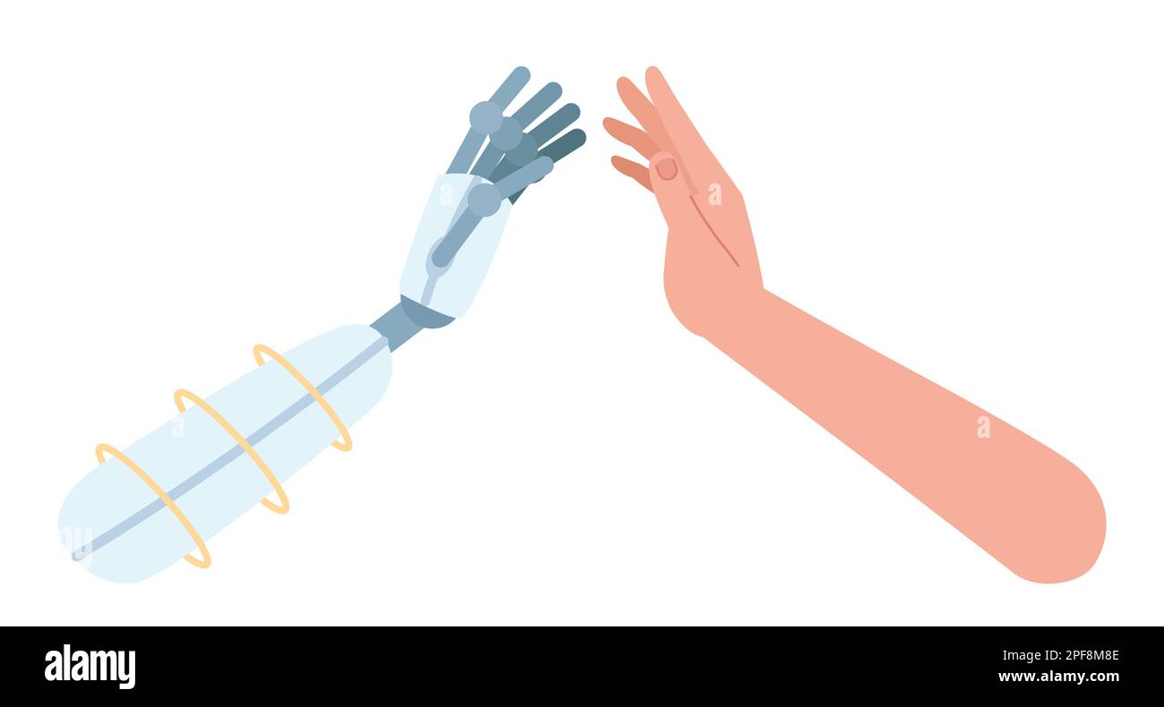 Robot and human clapping each other hands semi flat color vector characters Stock Vector