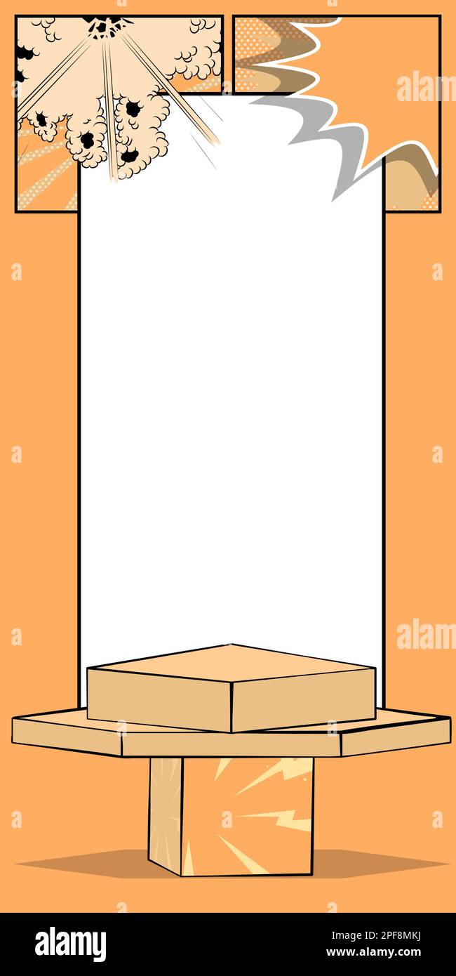 Cartoon light orange colored product podium stage. High comic book mockup presentation. Marketing, Sale banner template. Stock Vector