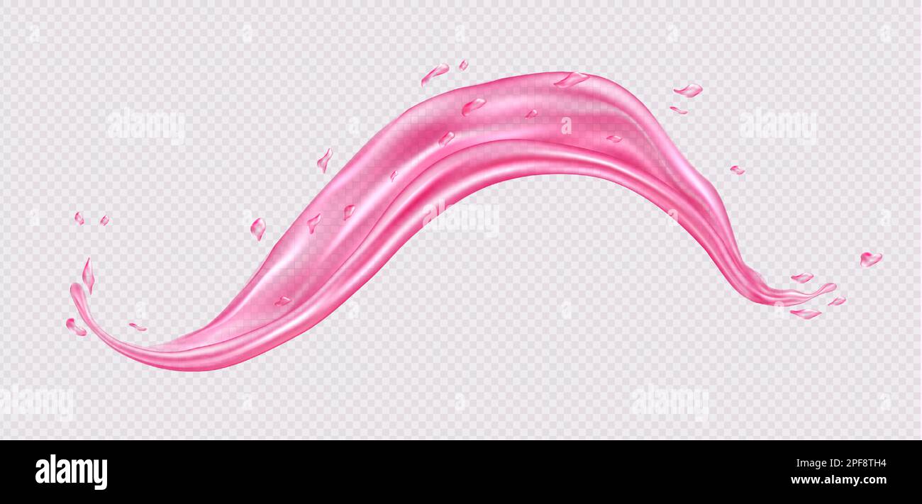Pink water splash, realistic strawberry juice wave, transparent liquid