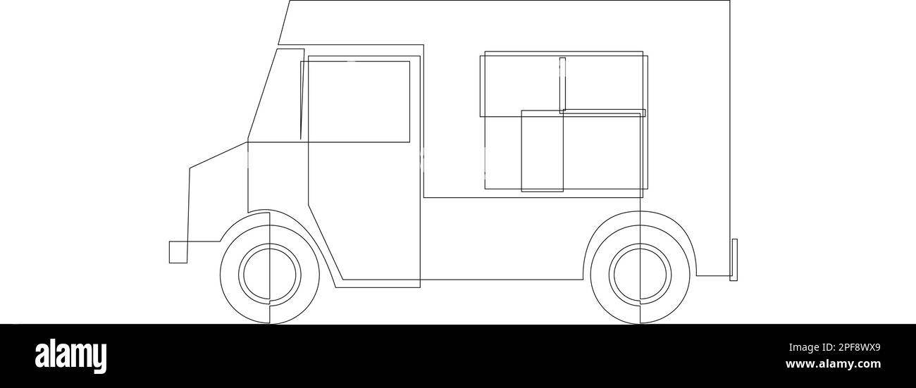 One continuous line drawing food truck. Vintage van fast food mobile cafe shop concept. Modern single line design graphic. Vector illustration Stock Vector