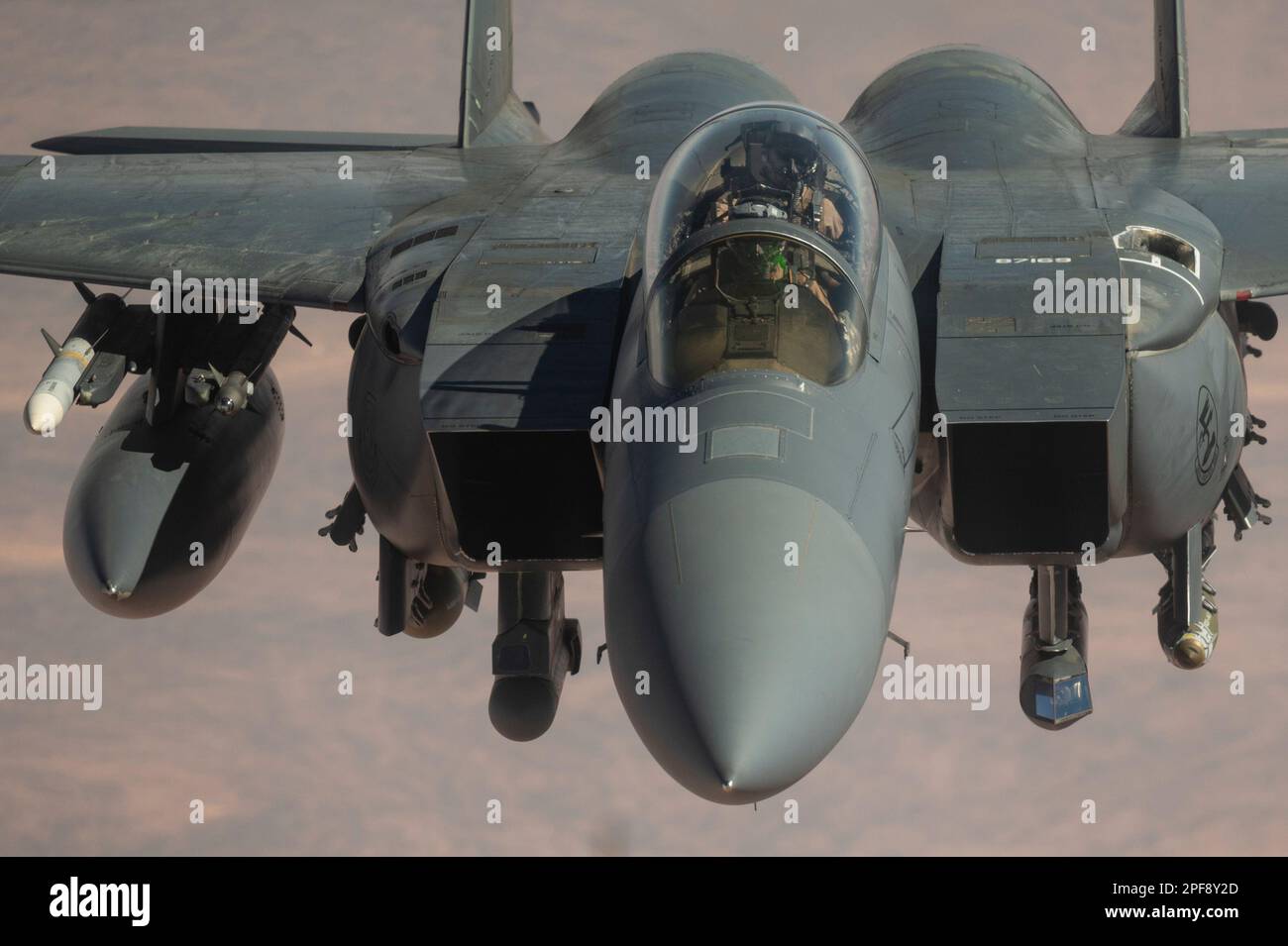 A U.S. 18th Feb, 2023. Air Force F-15E Strike Eagle assigned to the 389th Expeditionary Fighter Squadron, flies a combat patrol mission within the U.S. Central Command area of responsibility, Feb. 18, 2023. Fighter aircraft routinely conduct patrols within the CENTCOM AOR to ensure combat airpower dominance, deter adversaries, and ensure regional security and stability. (photo by Tech. Sgt. Daniel Asselta) Credit: U.S. Air Force/ZUMA Press Wire Service/ZUMAPRESS.com/Alamy Live News Stock Photo