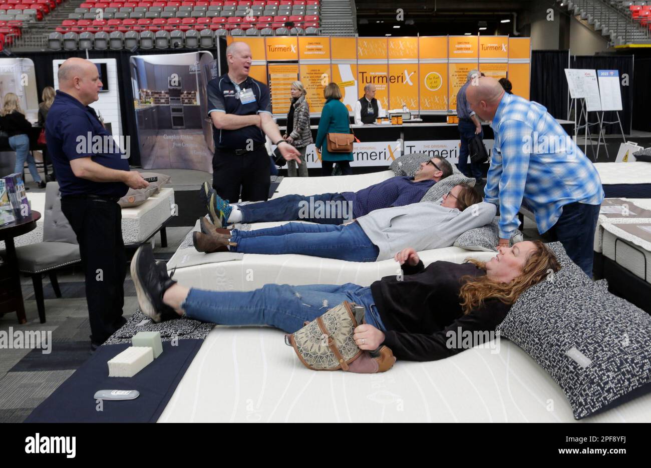 Vancouver, Canada. 16th Mar, 2023. People try out some mattresses at
