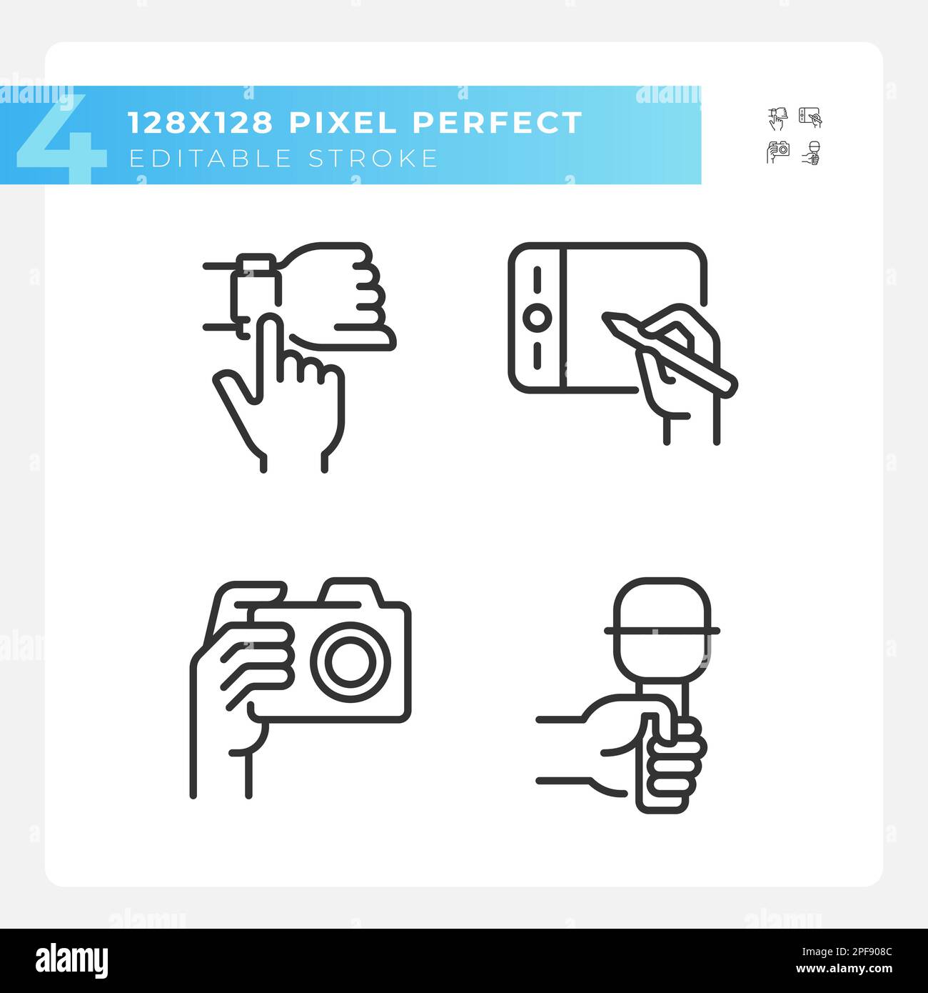 Hands with different devices pixel perfect linear icons set Stock Vector