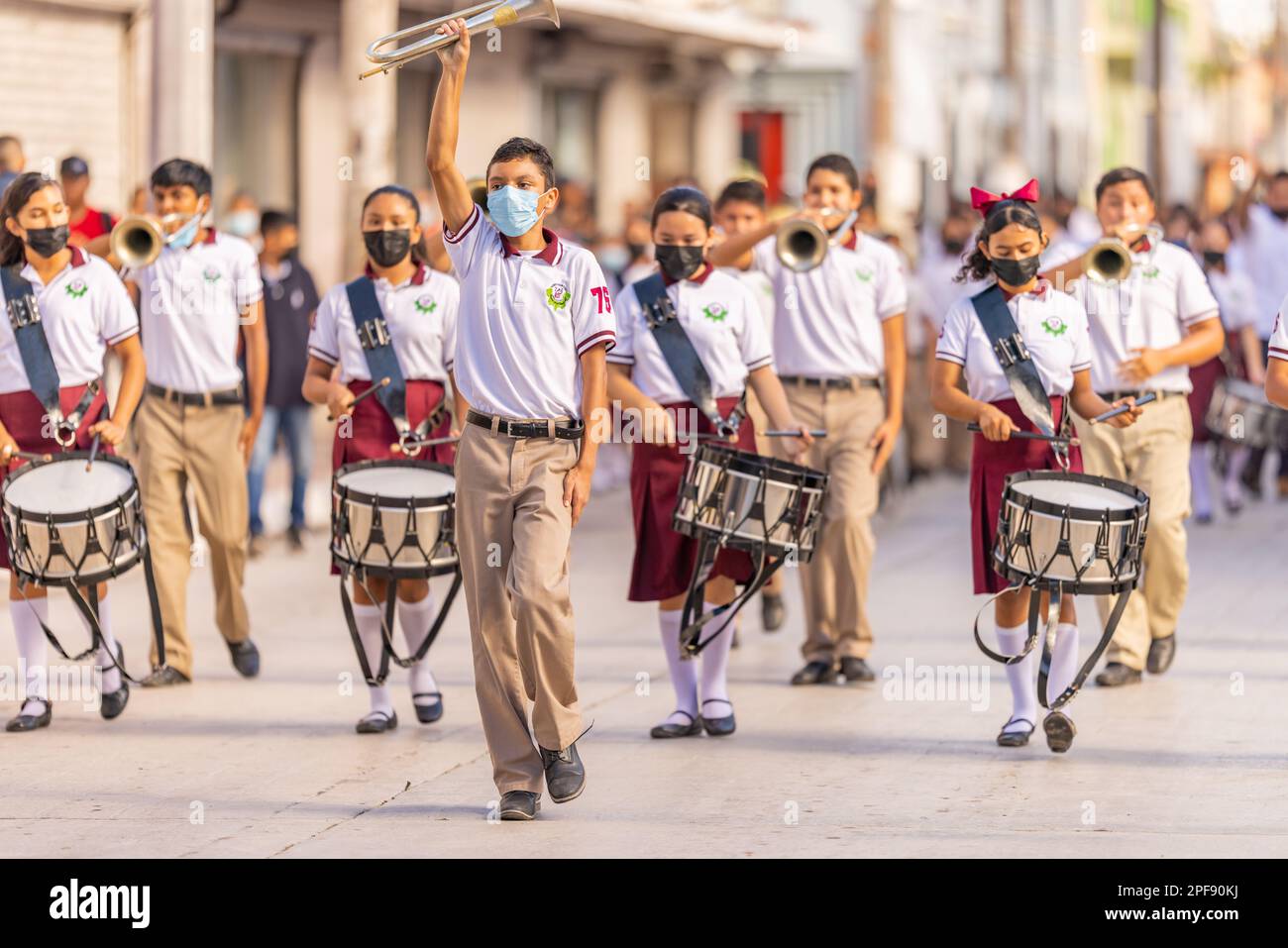 Matamoros, Tamaulipas, Mexico - September 16, 2022: Desfile 16 de Septiembre, Members of the Escuela Secundaria Tecnologica 76 Marching Band performin Stock Photo