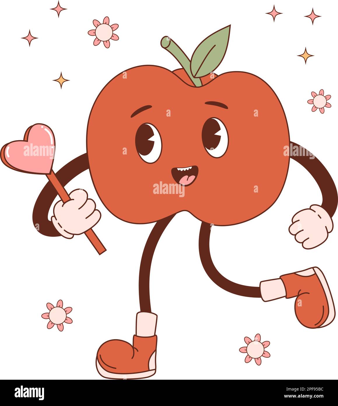 Groovy cartoon character apple. Retro vintage cute mascot fruit with