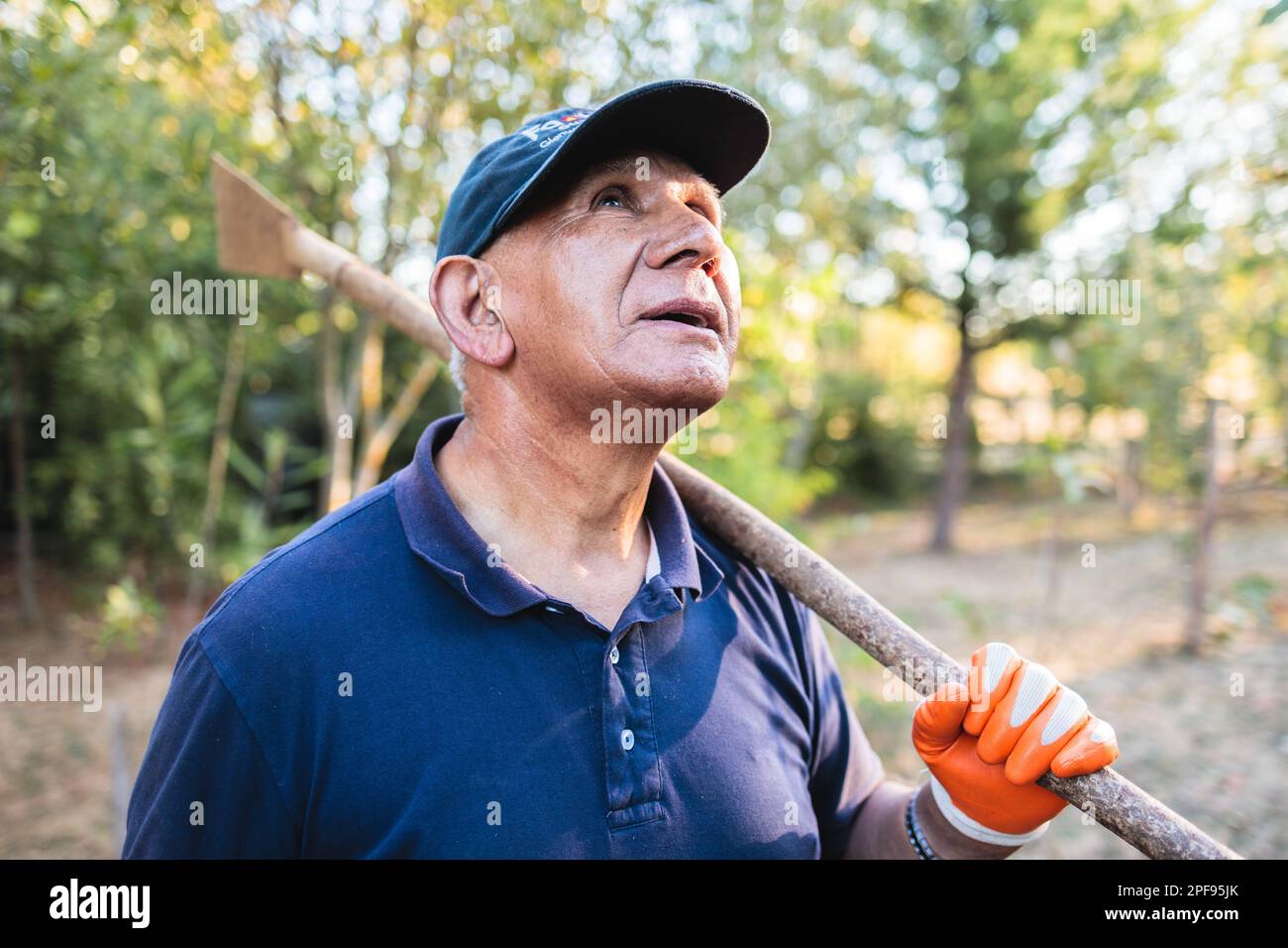 Close up portrait of an elderly indigenous latin farmer man holding a