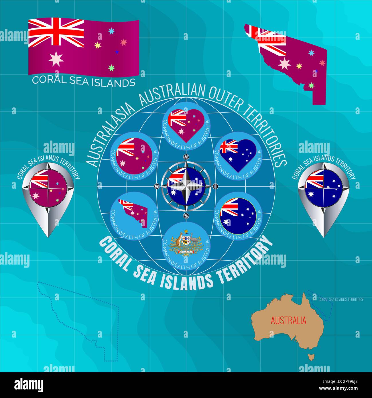 Set of illustrations of flag, outline map, icons CORAL SEA ISLANDS TERRITORY. AUSTRALIAN OUTER TERRITORIES. Travel concept. Stock Photo