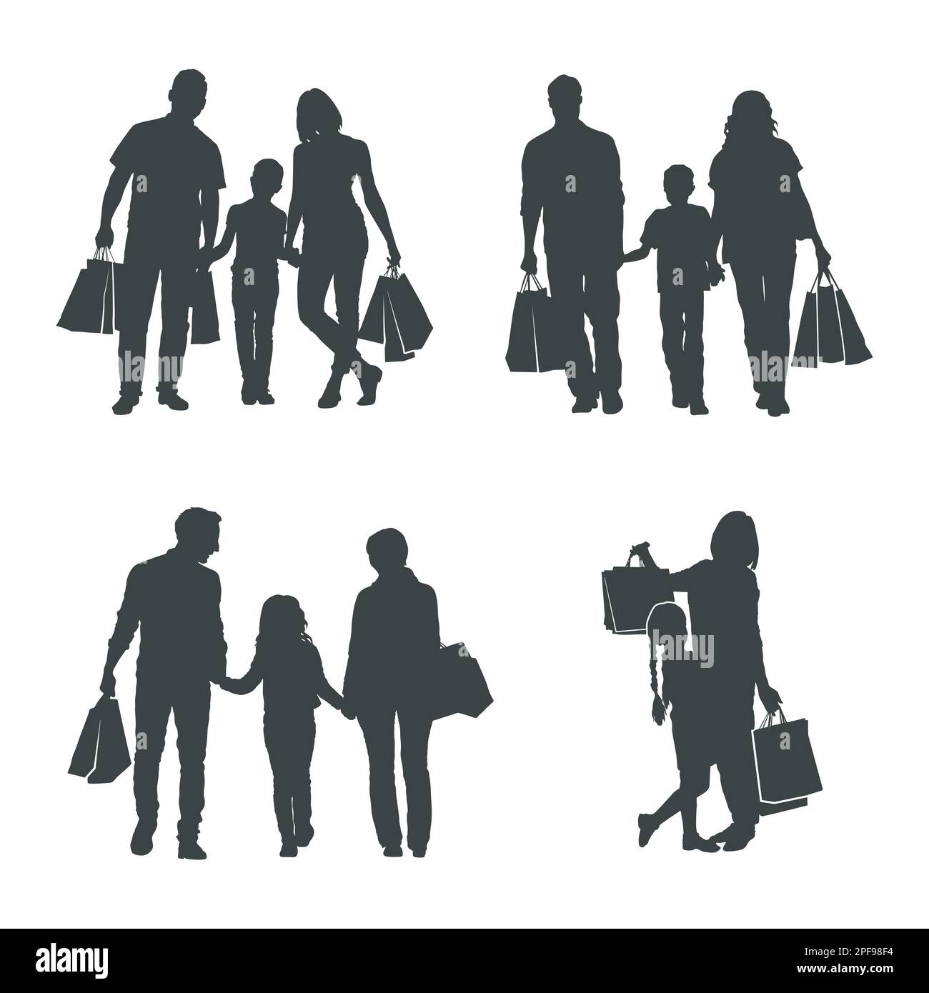 Family shopping silhouettes, Happy family shopping silhouettes Stock Vector