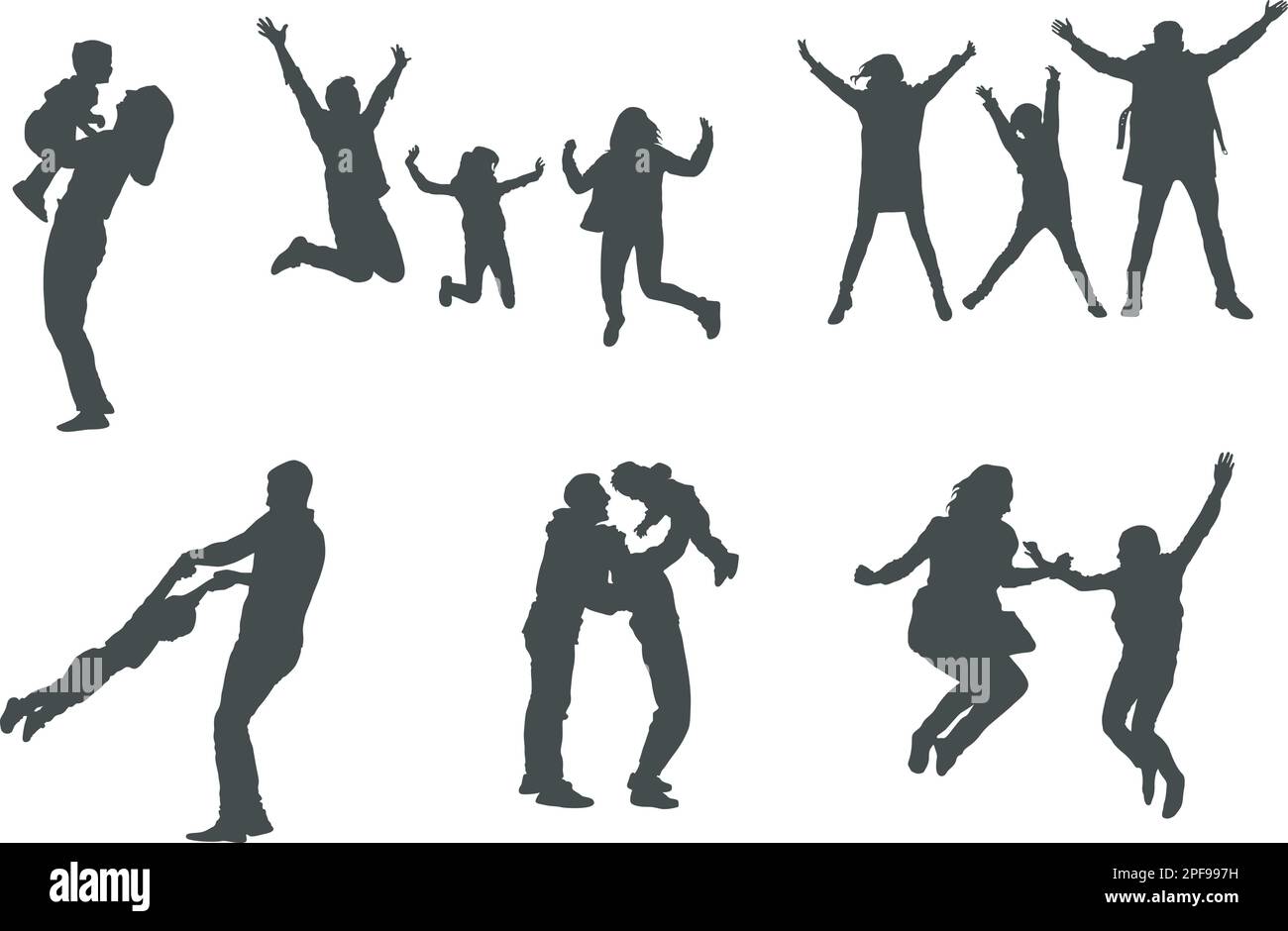 Happy Jumping Family Silhouette, Jumping Family Silhouette, Jumping Silhouette,  Happy Family Silhouettes, Happy  family jumping silhouettes Stock Vector