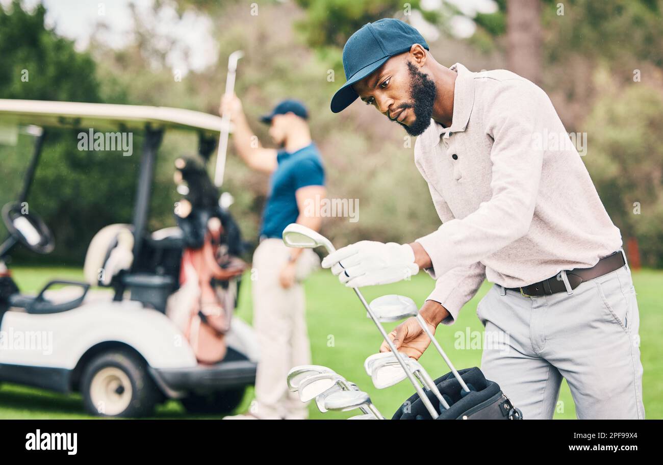 Golf, club and black man choose on course with golfing bag ready to