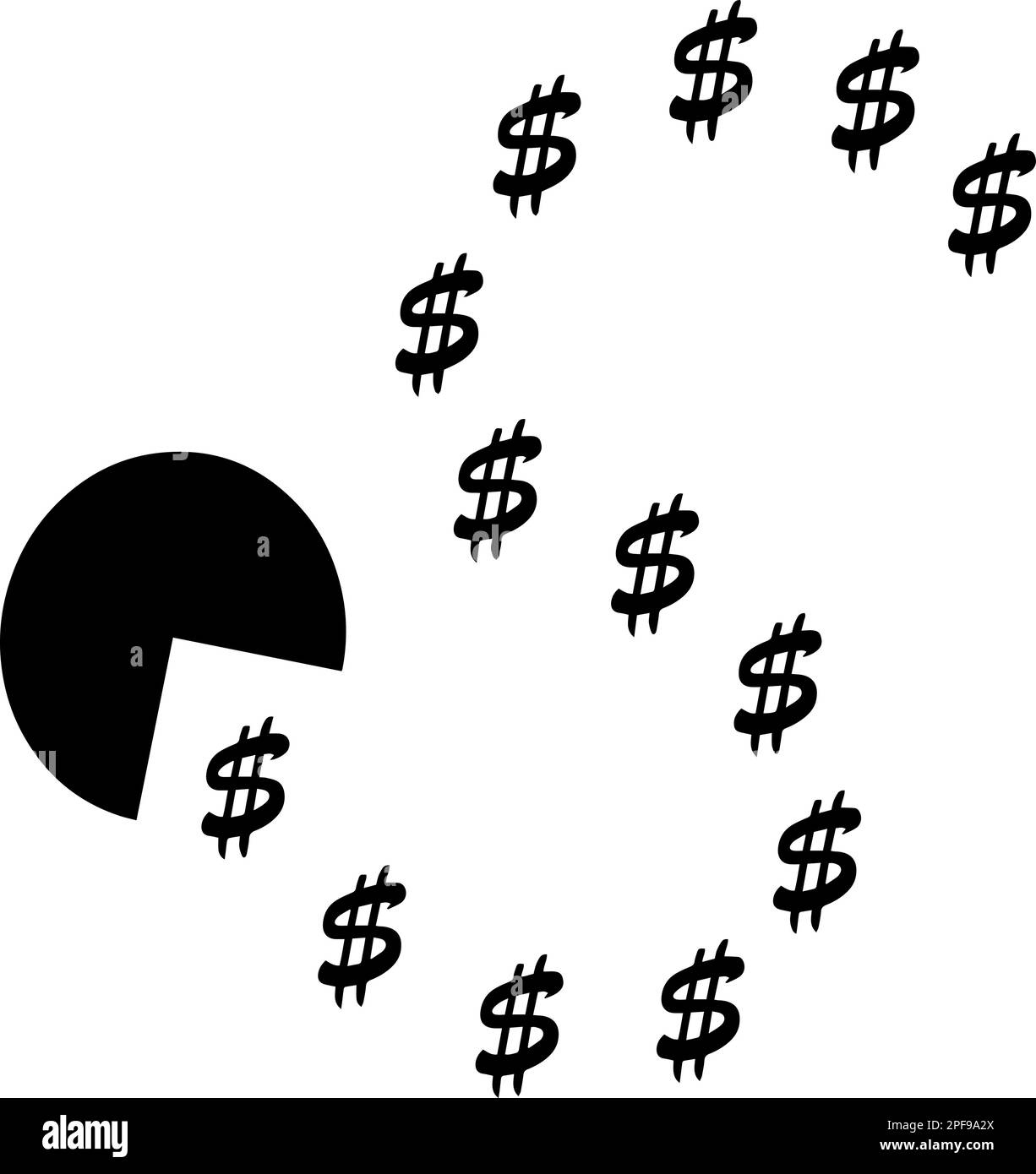 Pac-Man silhouette eating little dollar signs, retro game thematic vector illustration Stock Vector