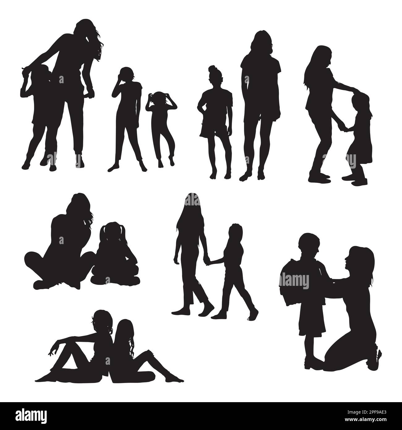 Mother and daughter silhouettes, Mother and child silhouette set Stock Vector