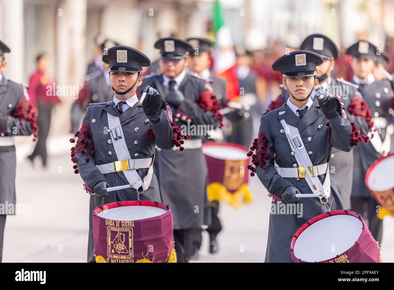 Matamoros, Tamaulipas, Mexico - September 16, 2022: Desfile 16 de Septiembre, Members of the Instituto Tecnologico de Matamoros Marching Band performi Stock Photo
