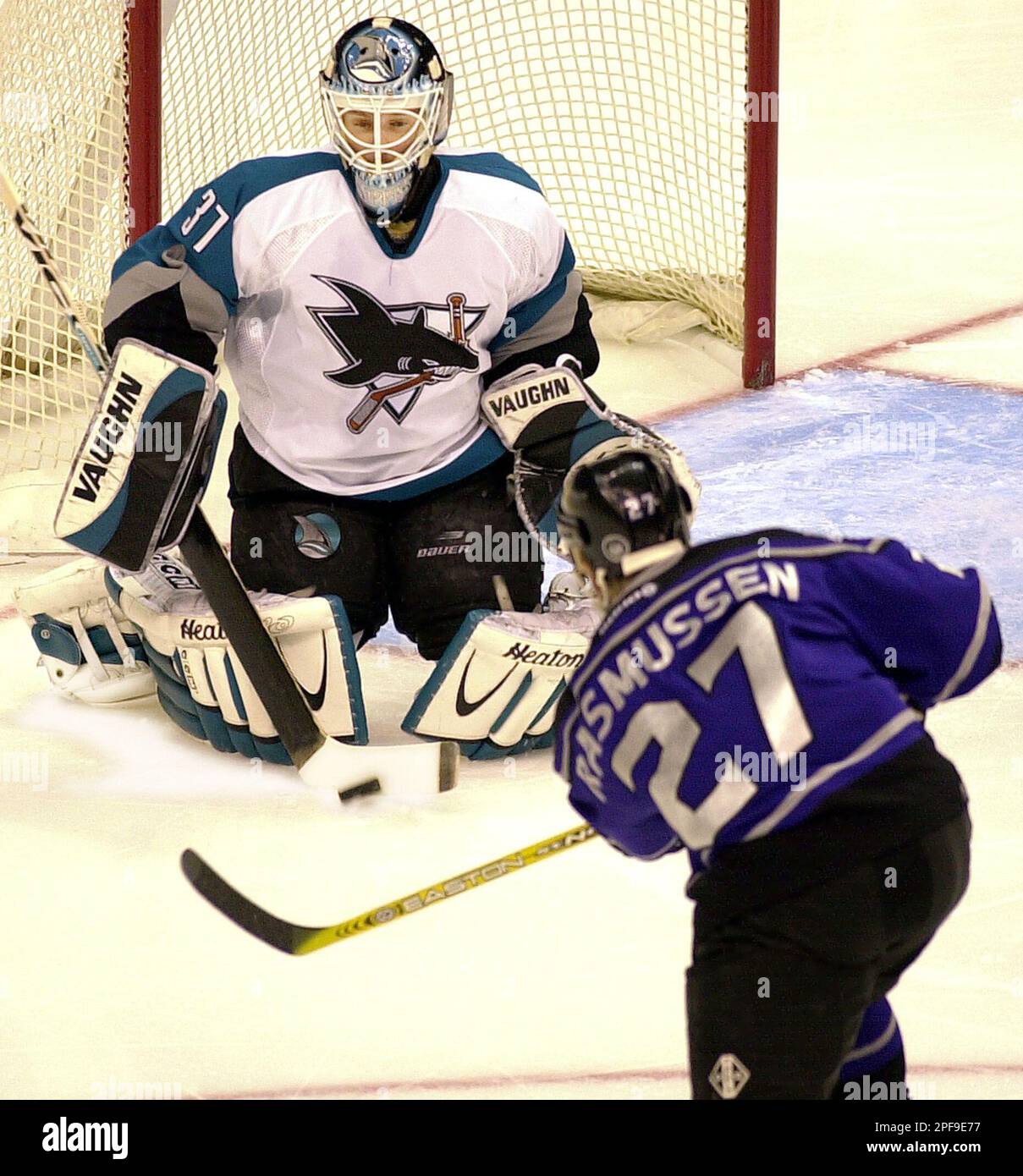 San Jose Sharks goalie Miikka Kiprusoff of Finland blocks a shot