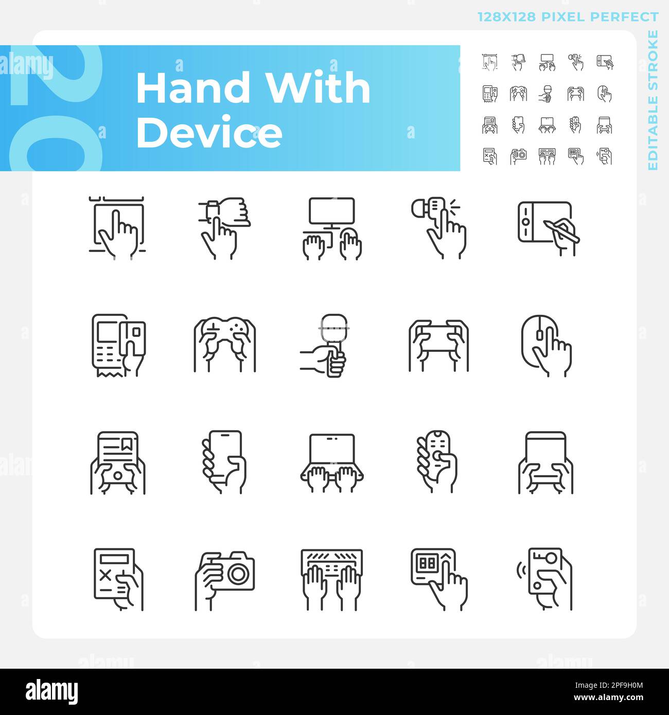 Hands with devices pixel perfect linear icons set Stock Vector