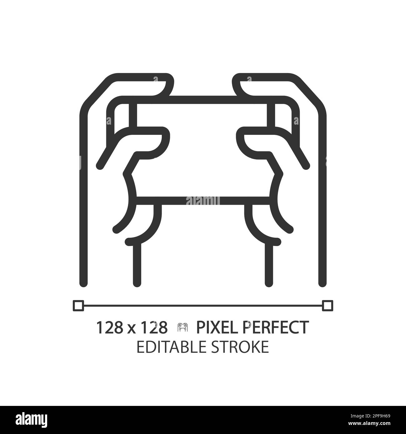Holding smartphone with two hands pixel perfect linear icon Stock Vector