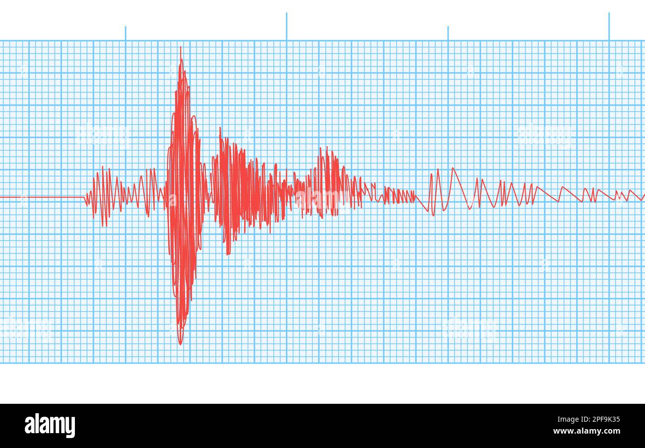 Seismogram of seismic activity or lie detector red record on blue chart paper. Earthquake audio wave diagram background. Ground motion, volcano erupti Stock Vector