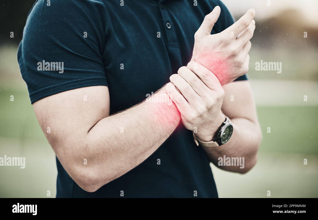 Sport, injury and golf, man with wrist pain during game on course