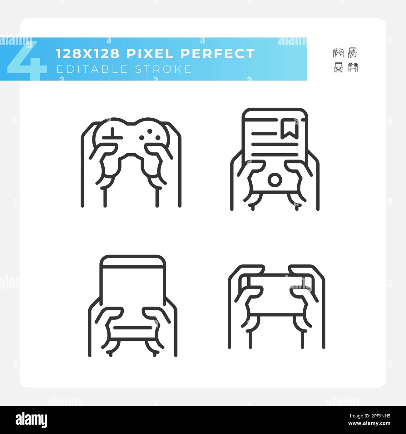 Hands with amusing gadgets pixel perfect linear icons set Stock Vector