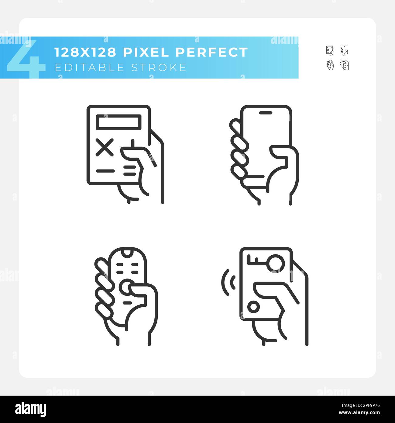 Hands with mobile devices pixel perfect linear icons set Stock Vector