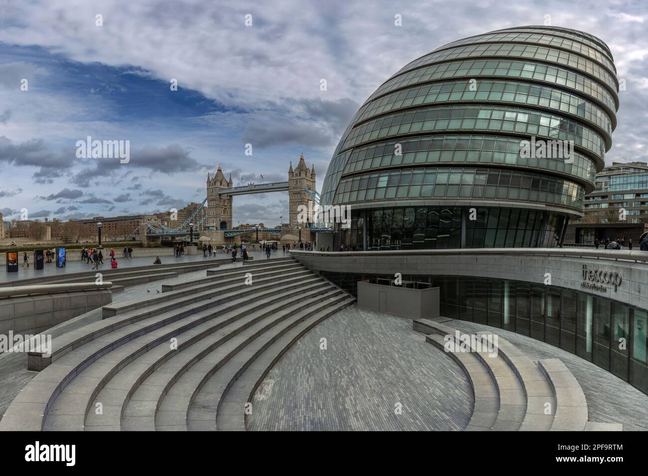 The Scoop is an outdoor ampitheatre situated on the south side of the River Thames near Tower Bridge in central London. Located next to City Hall, the Stock Photo