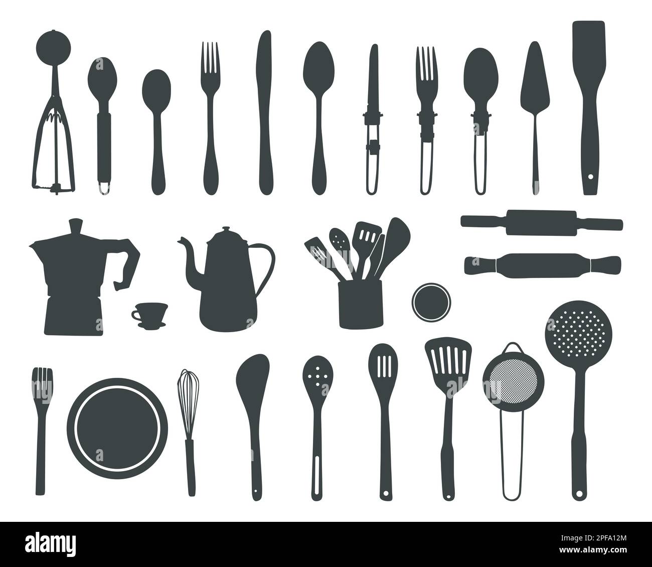 Kitchen utensils silhouette Black and White Stock Photos & Images