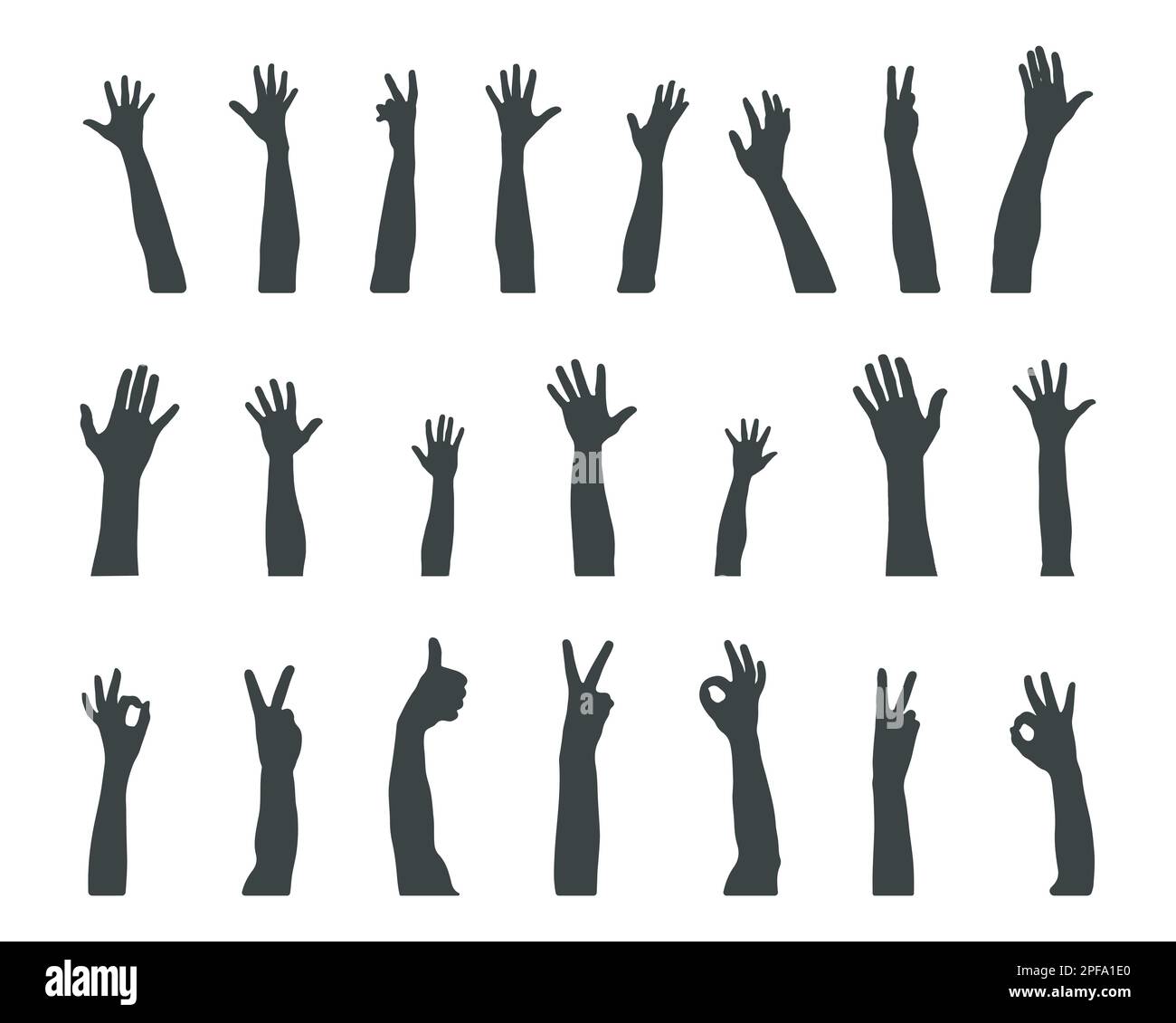 Many hands silhouette, Raised hands vector silhouettes Stock Vector
