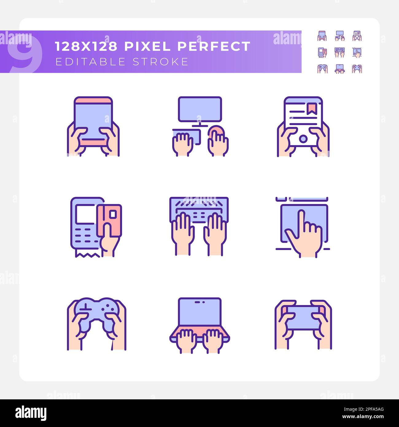 Hands using gadgets pixel perfect RGB color icons set Stock Vector