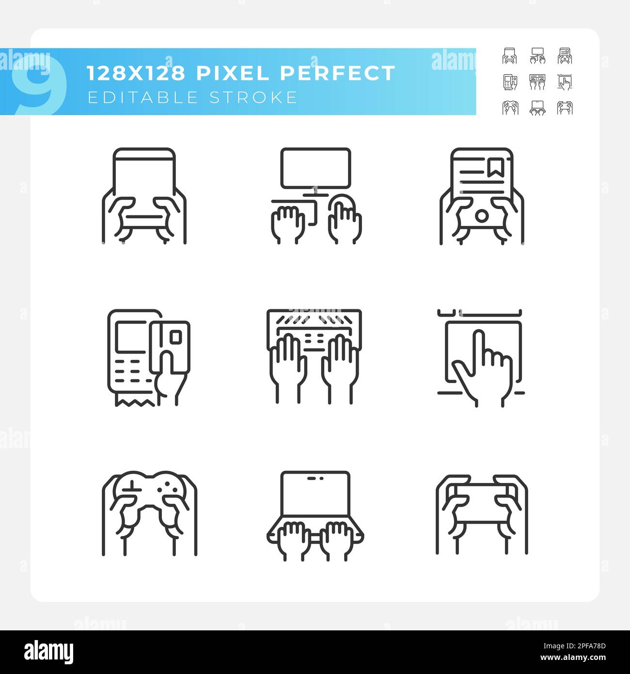 Hands using gadgets pixel perfect linear icons set Stock Vector