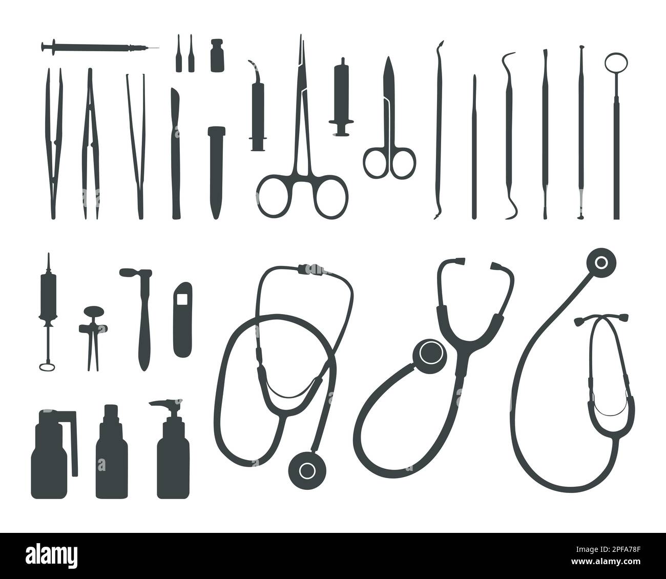 Medical tools silhouette, Doctor tools silhouette, Medical equipment SVG Stock Vector