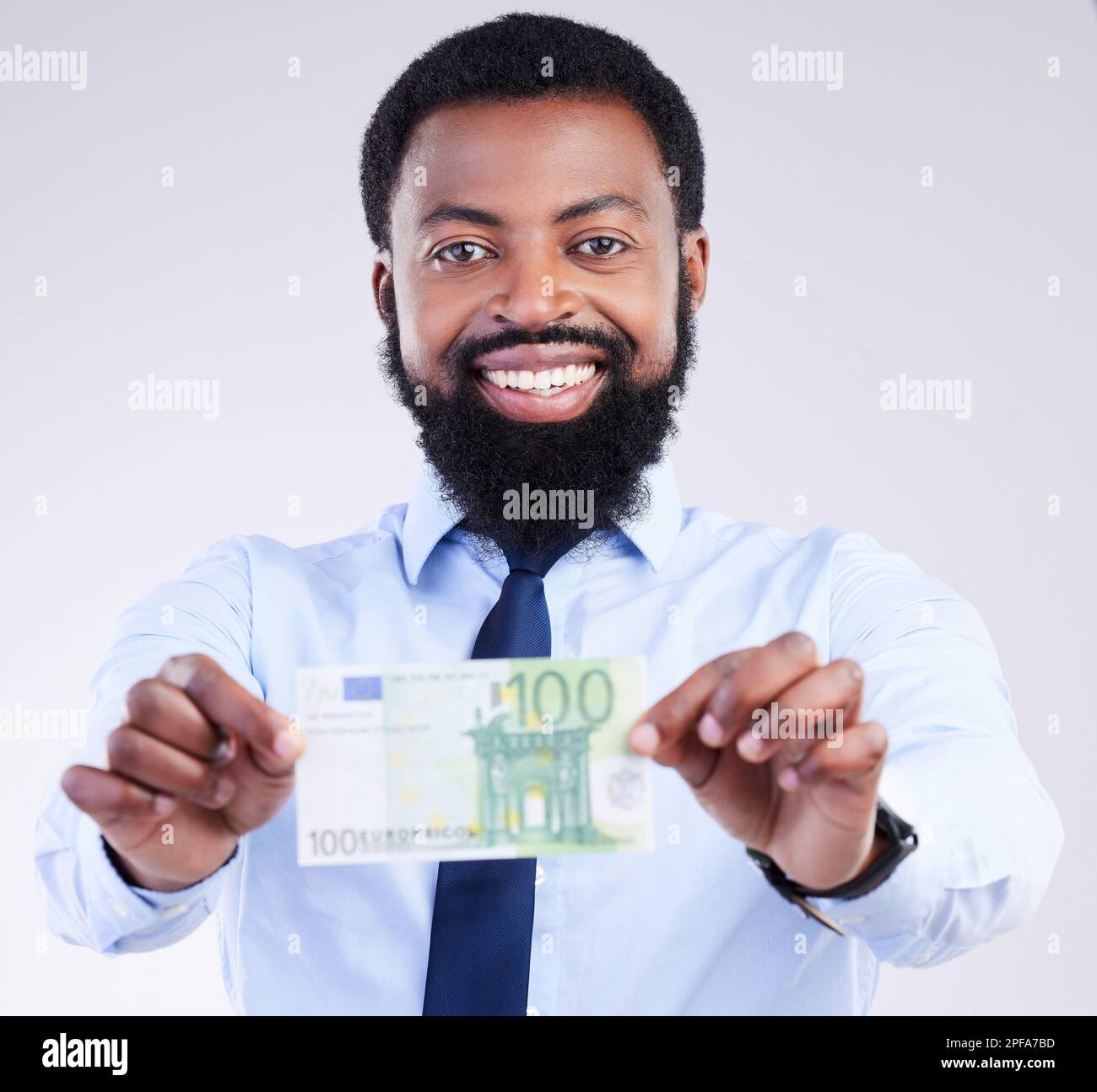 Winning money, portrait or black man happy for lotto award, studio competition prize or cash