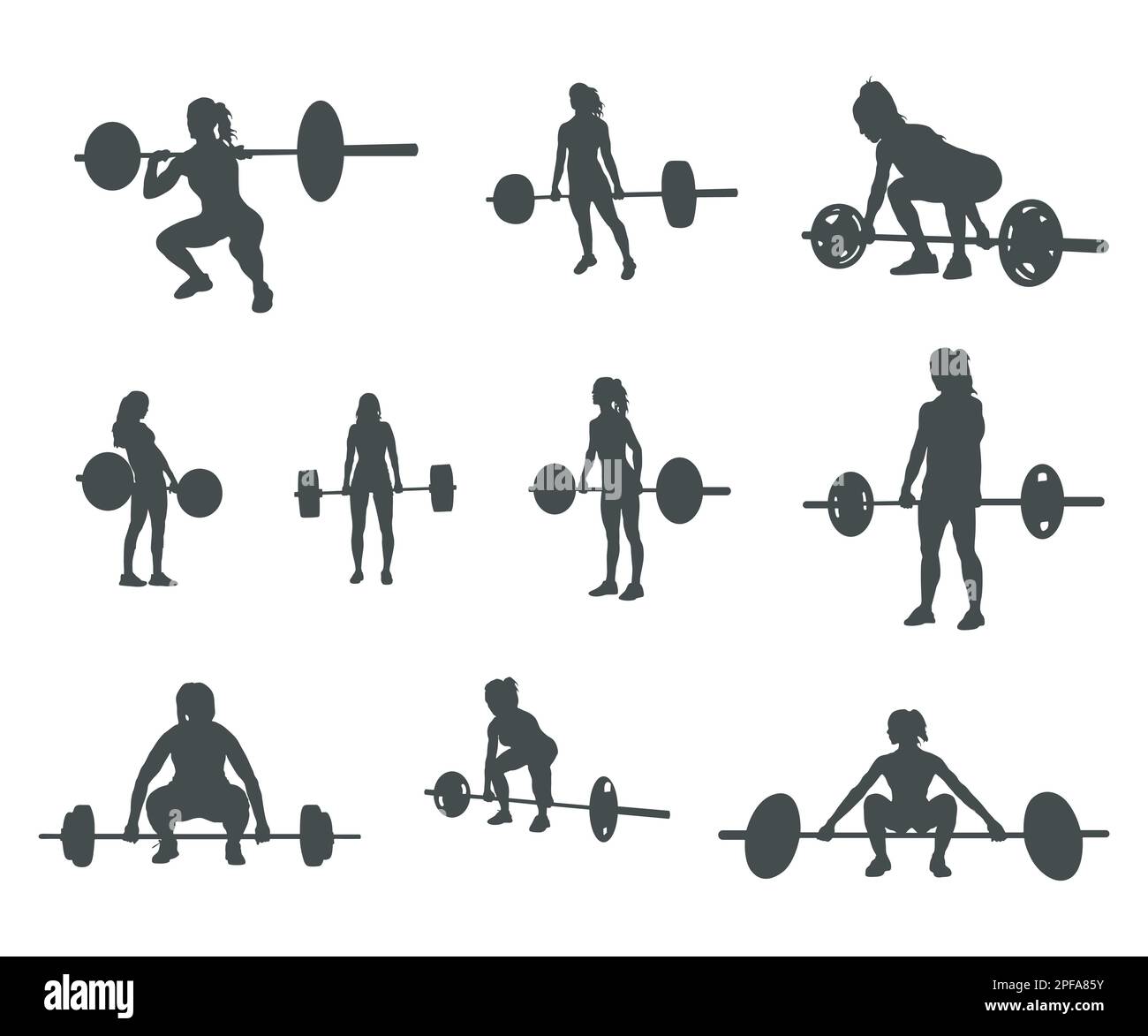 Woman weightlifting silhouettes, Woman fitness exercise silhouettes Stock Vector