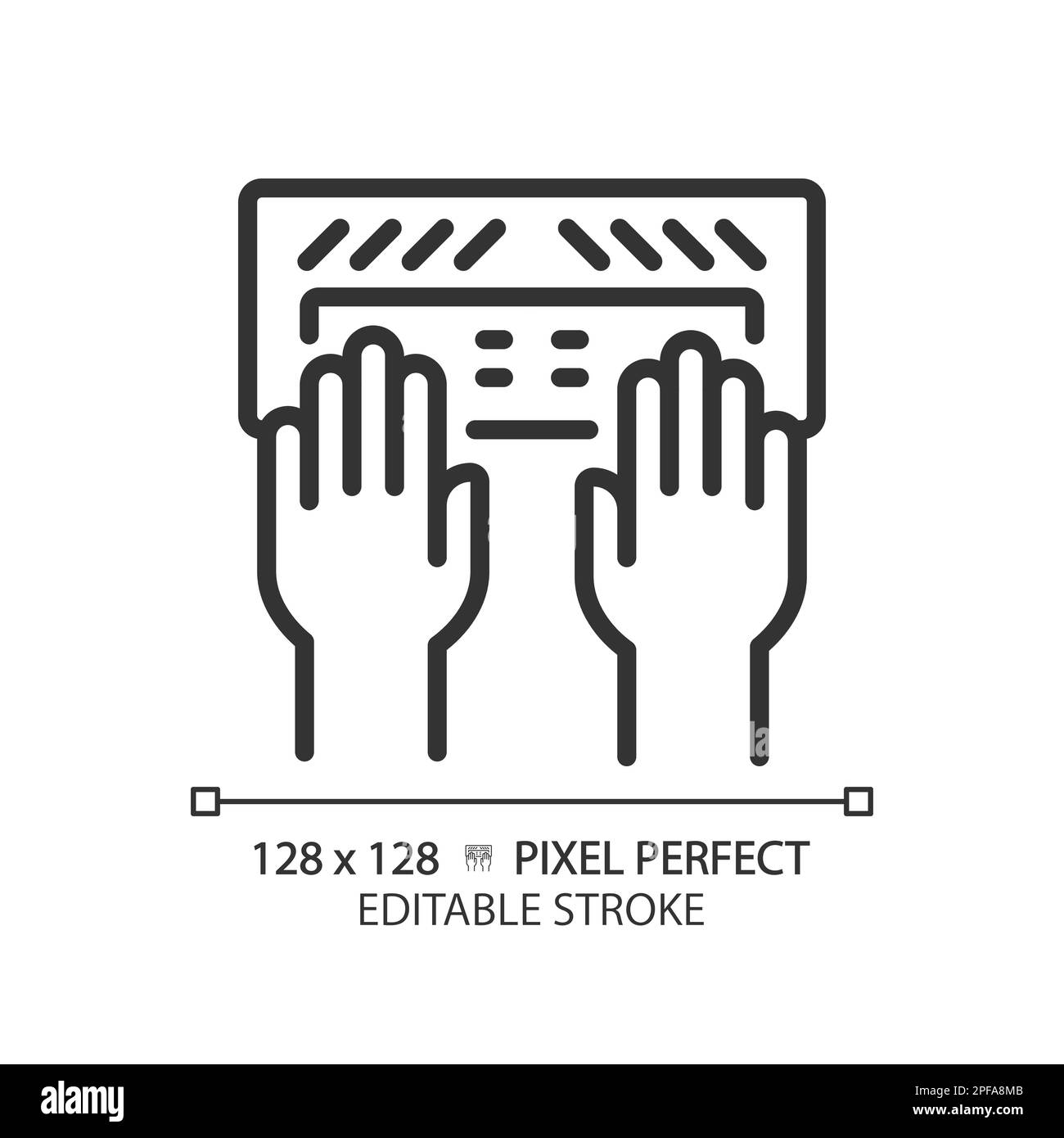 Hands with Braille keyboard pixel perfect linear icon Stock Vector