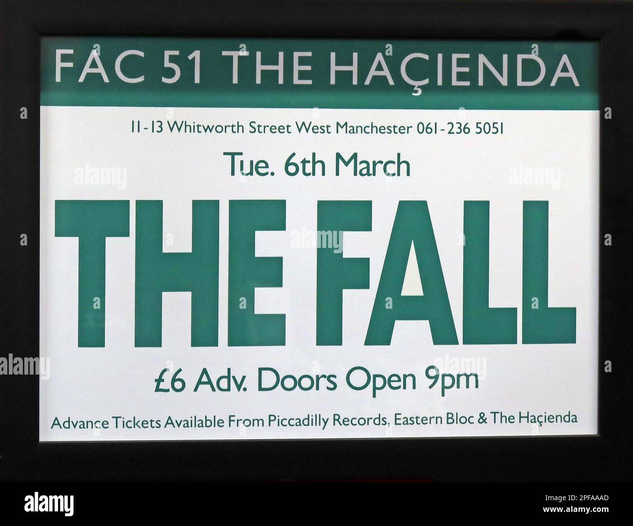 Green flyer for The Fall gig, Tue 6th March, Extricate tour at the Hacienda, Factory Records FAC51, Whitworth Street West, Manchester, £6 Stock Photo
