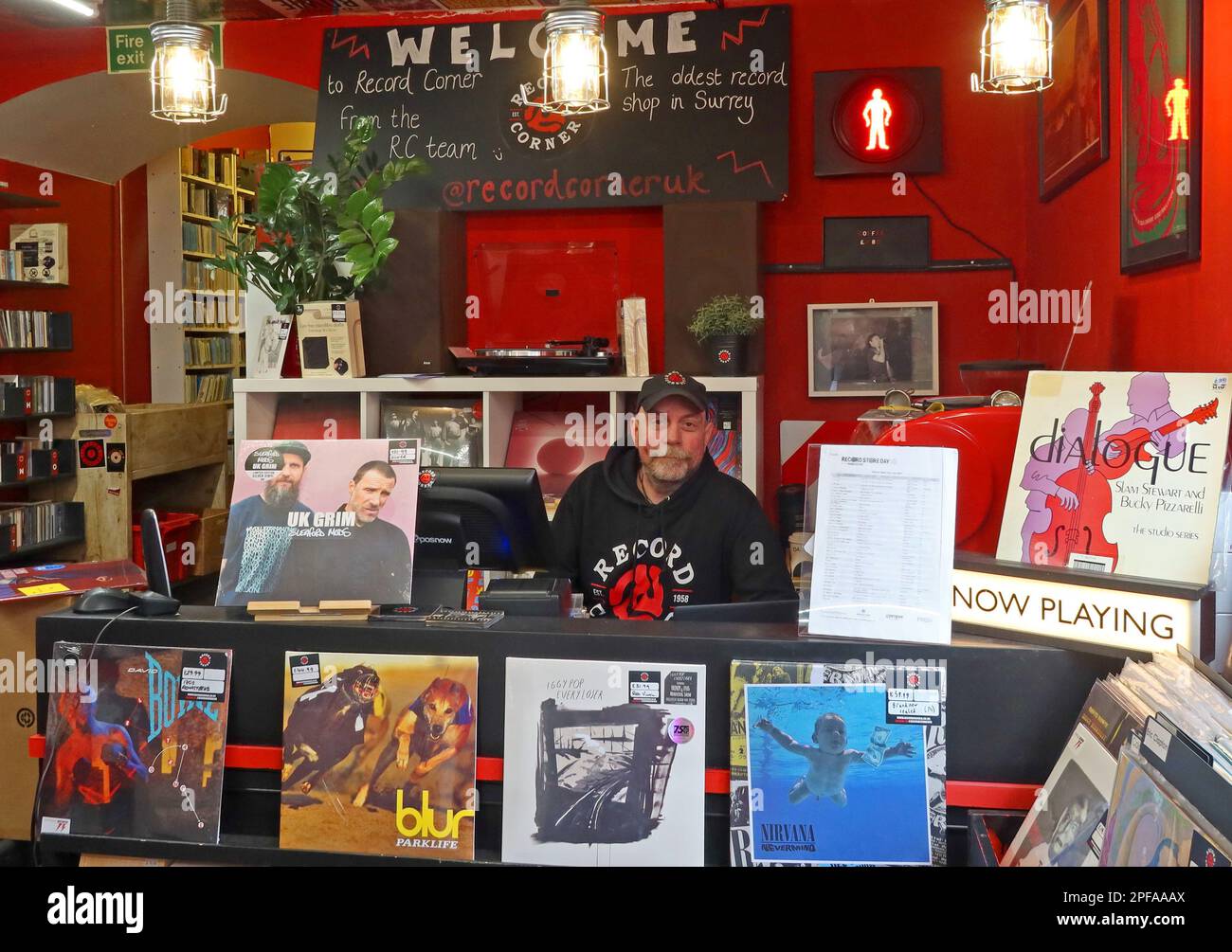 Inside independent music & vinyl shop, Record Corner, Pound Lane, (off High St), Godalming, Surrey, England, GU7 1BX Stock Photo