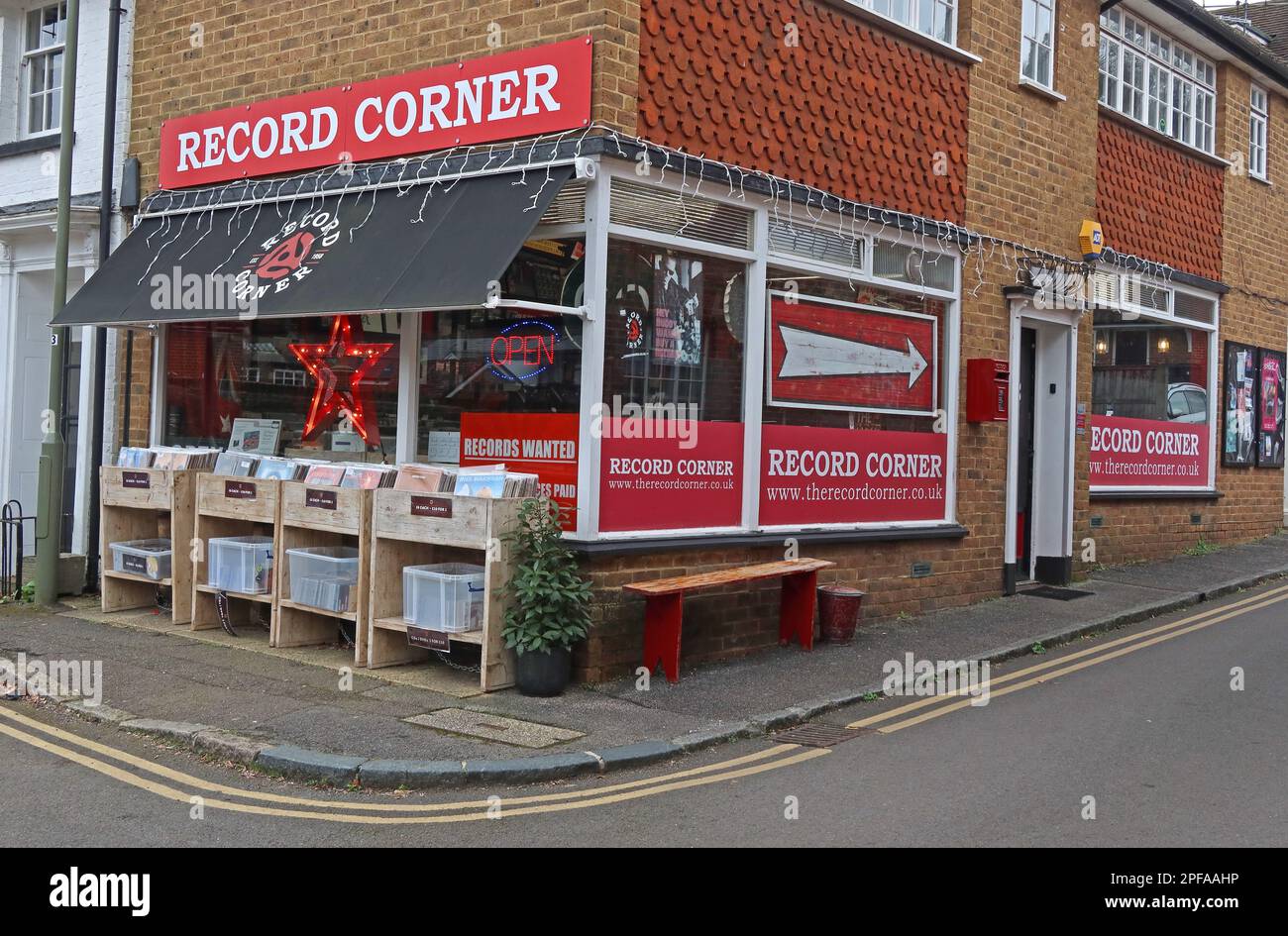 Entrance to independent music & vinyl shop, Record Corner, Pound Lane, (off High St), Godalming, Surrey, England, GU7 1BX Stock Photo