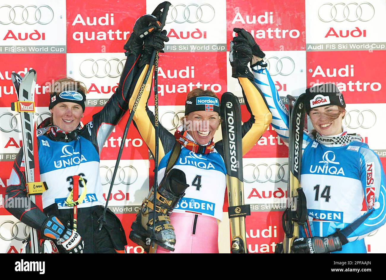 The three winners of the women's World Cup giant slalom Austria's Nicole Hosp, Norway's Andrine