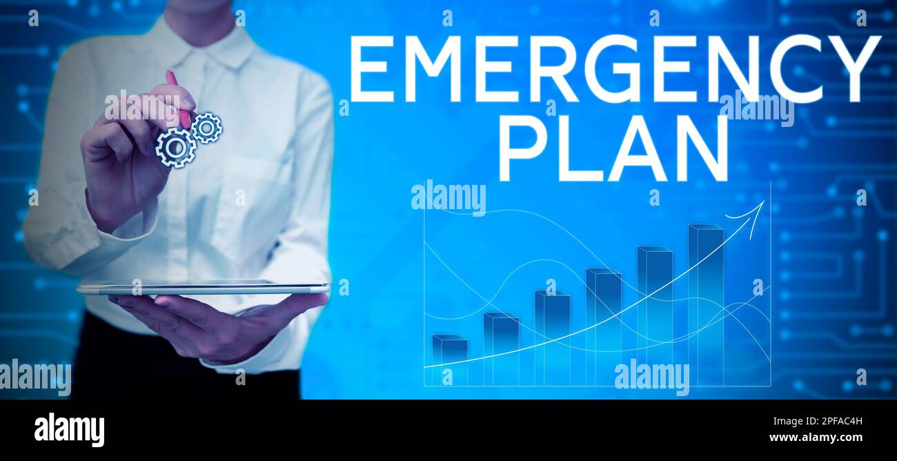 Text sign showing Emergency Plan. Concept Procedures for