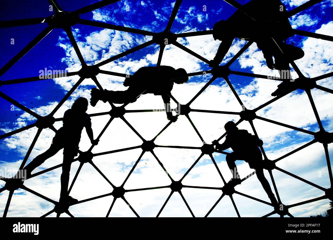 Children are silhouetted against the autumn sky while playing tag atop