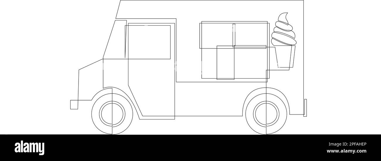 Continuous line drawing of ice cream food truck. Ice cream food truck