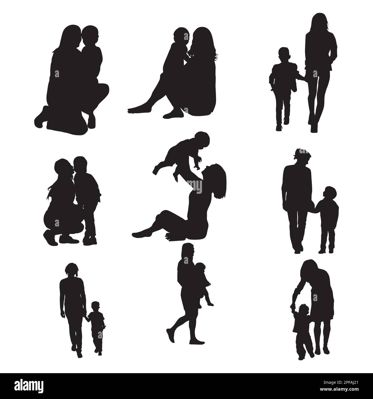 Mother and son silhouettes, Mother and child silhouette set Stock Vector