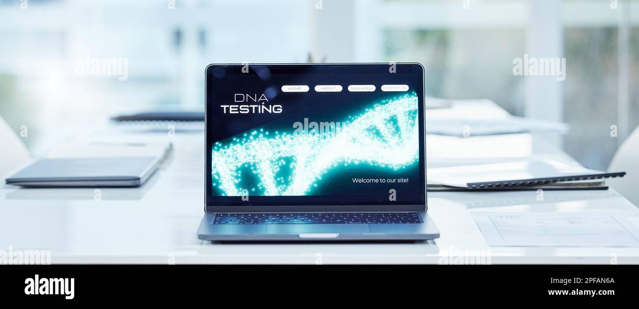 Dna testing, laptop and presentation slideshow with no people in a office conference room. Medical strategy, digital science and doctor seminar in a Stock Photo